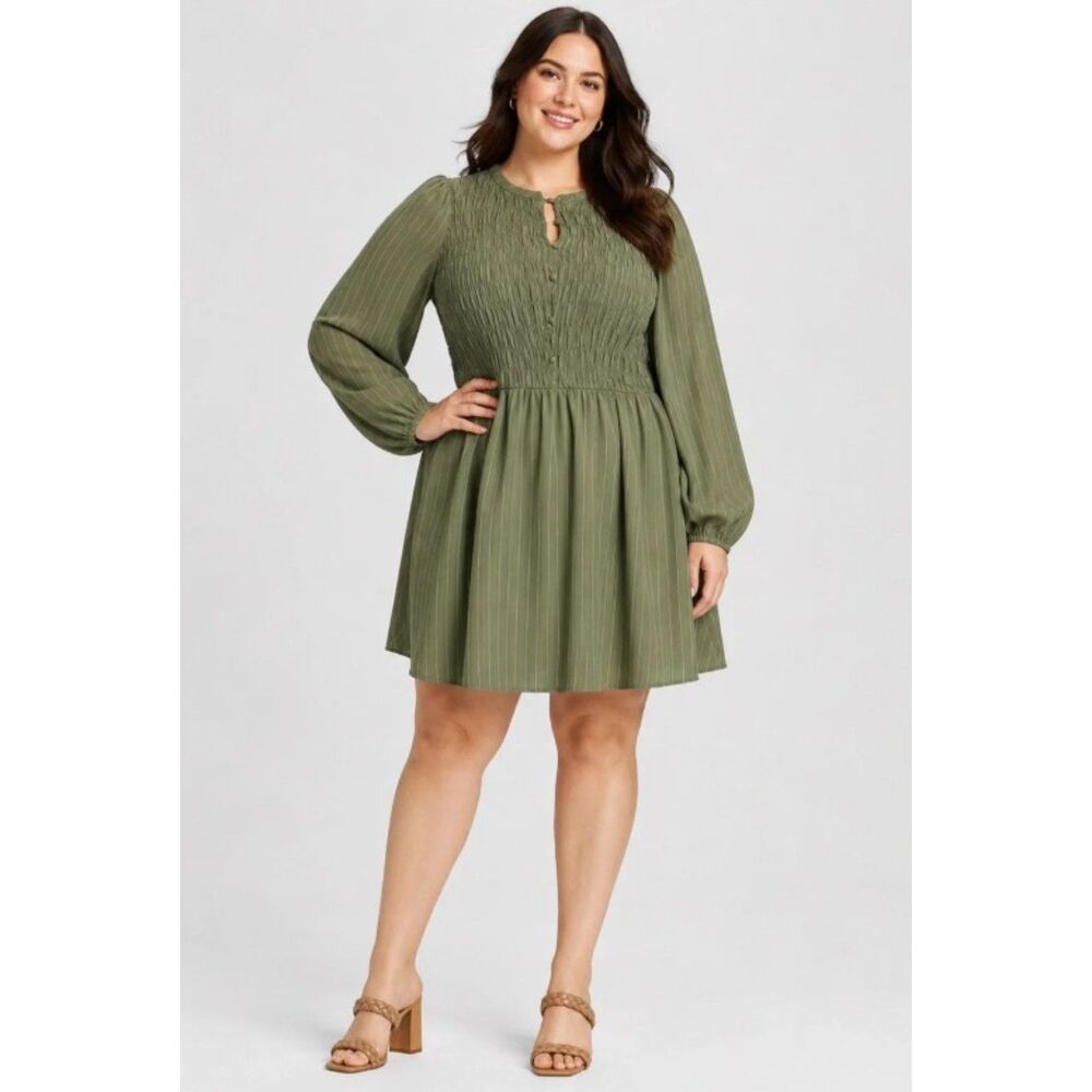 NEW NWT Olive Striped Plus Sz 1X Smocked Knee Length Long Sleeve Dress AVA & VIV